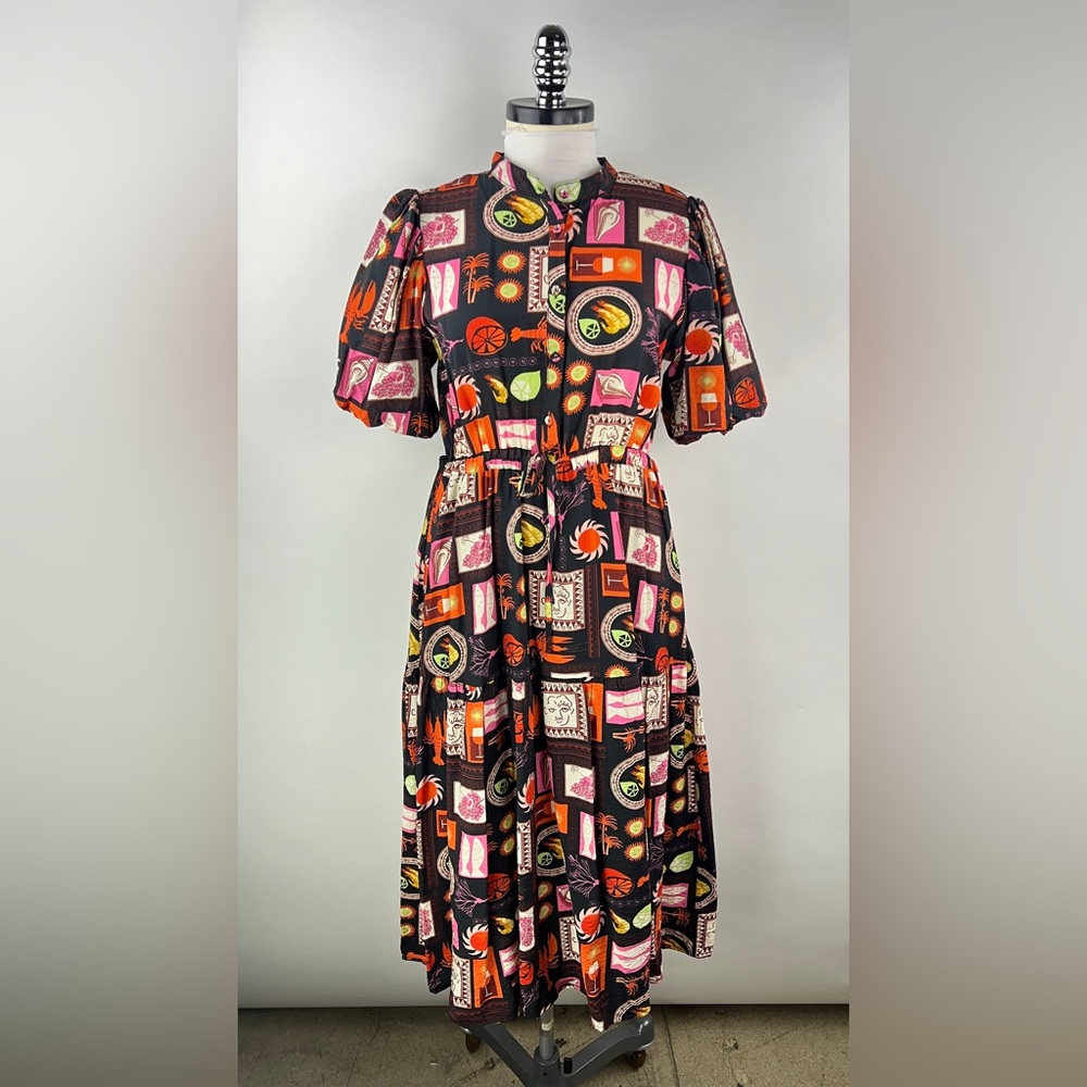 💚 3184. Coastal Print Puff Sleeve A-line Midi Dress